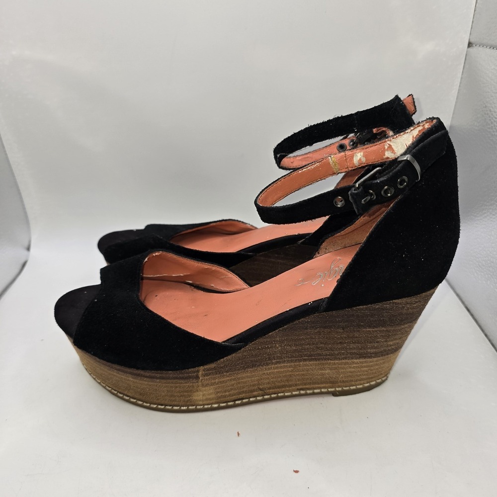 Fergie Women's Black Suede Wedge Sandals Ankle Strap Platform Peep Toe US 7.5M